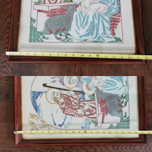 Framed Holy Family Nativity Needlepoint Vintage, Christmas Angels Embroidery - Picture 10 of 10